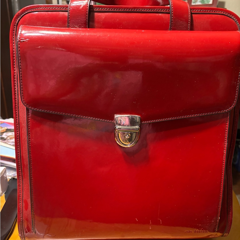 Red Leather Briefcase with Silver Push-Lock Closure